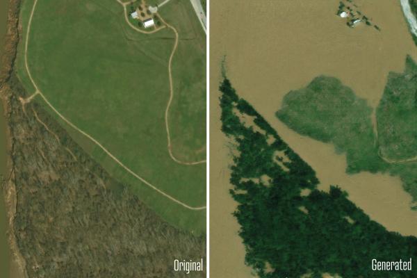 A generative AI model visualizes how floods in Texas would look like in satellite imagery. The original photo is on the left, and the AI generated image is in on the right.