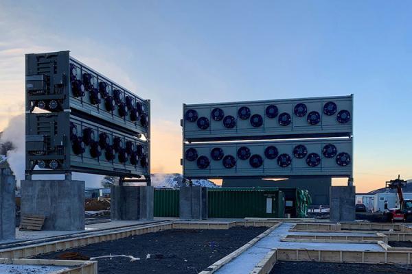 Pictured are two of the four absorber units at Climeworks’ direct air capture and storage plant, Orca, in Hellisheidi, Iceland. Each absorber unit can remove about 1,000 tons of carbon dioxide per year. 