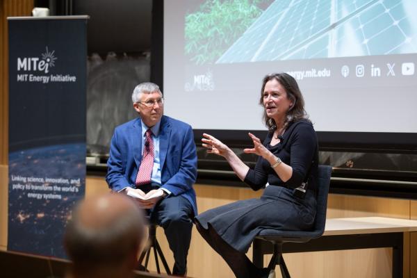 Emily Carter (right), the Gerhard R. Andlinger Professor in Energy and the Environment at Princeton University, explained how climate change mitigation must include transformation, intervention, and adaptation strategies. William Green, director of the MIT Energy Initiative, moderated the discussion.
